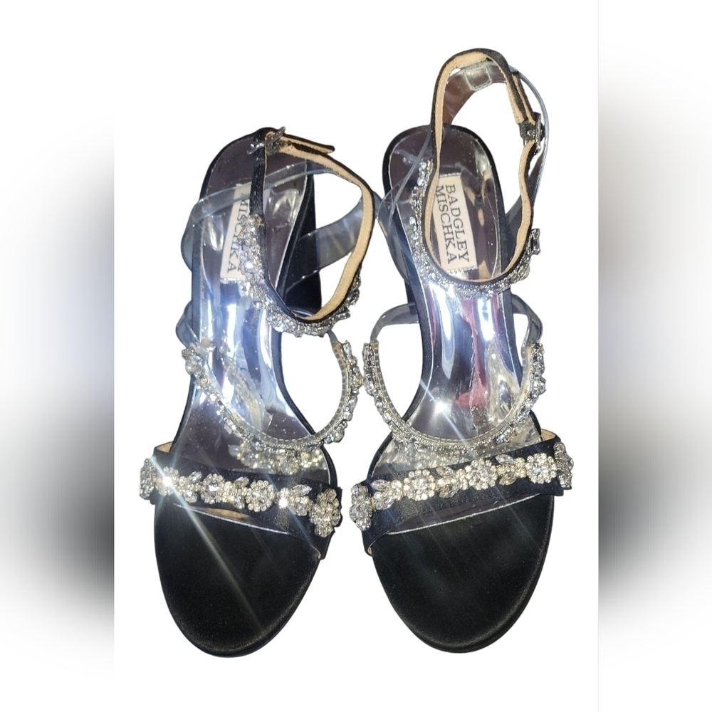 Badgley Mischka Black Crystal Embellishment Satin Ankle Fastener Sandals 7